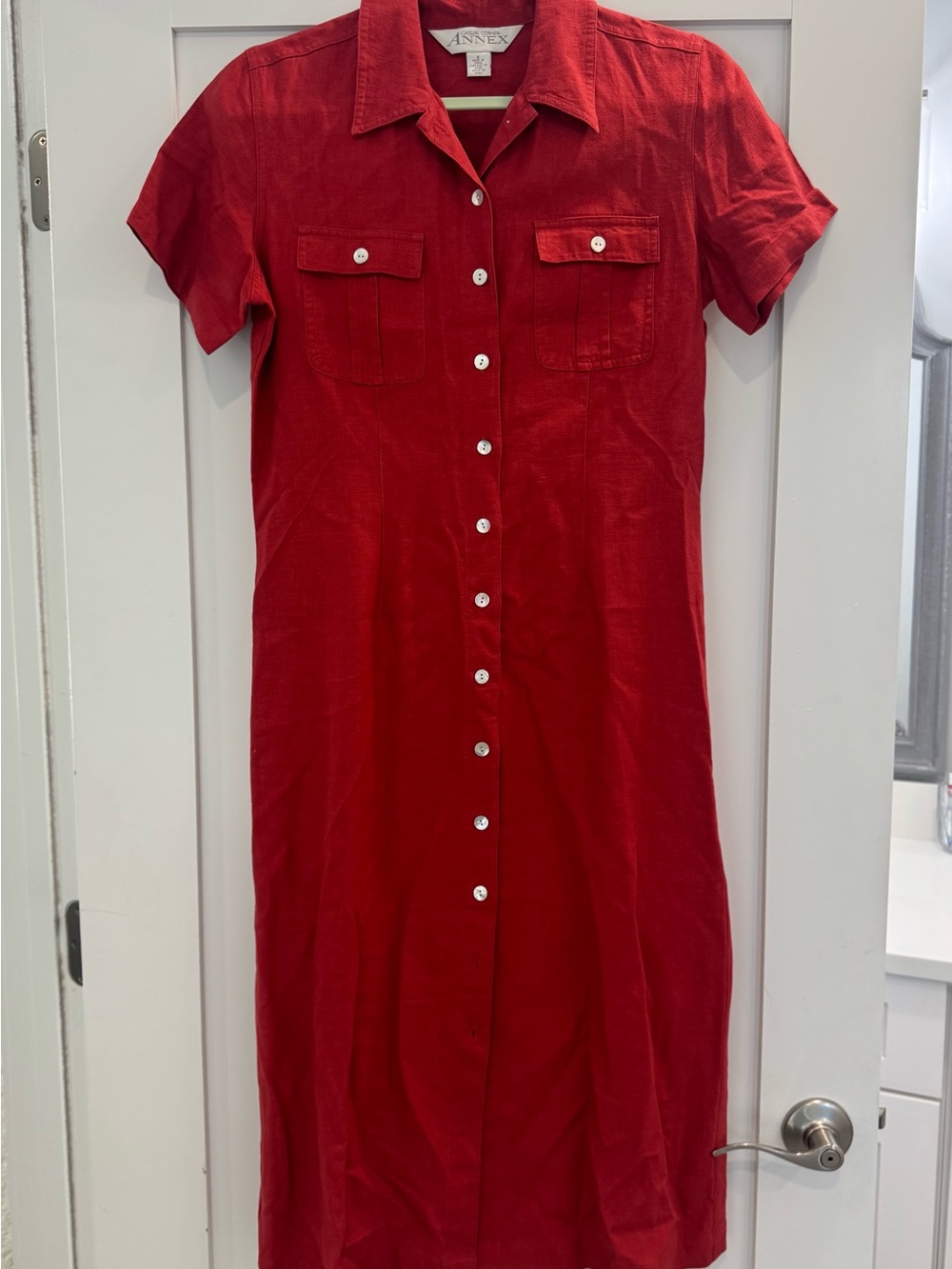 Vintage Tomato Red Casual Corner Button-Front Midi Shirt Dress